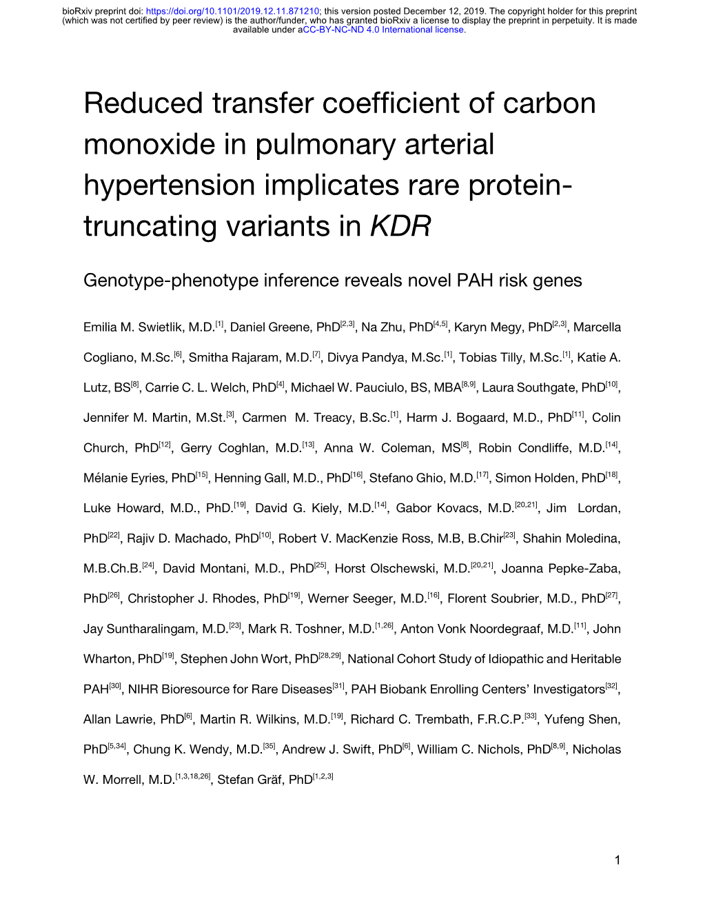 Reduced Transfer Coefficient of Carbon Monoxide in Pulmonary Arterial Hypertension Implicates Rare Protein-Truncating Variants I