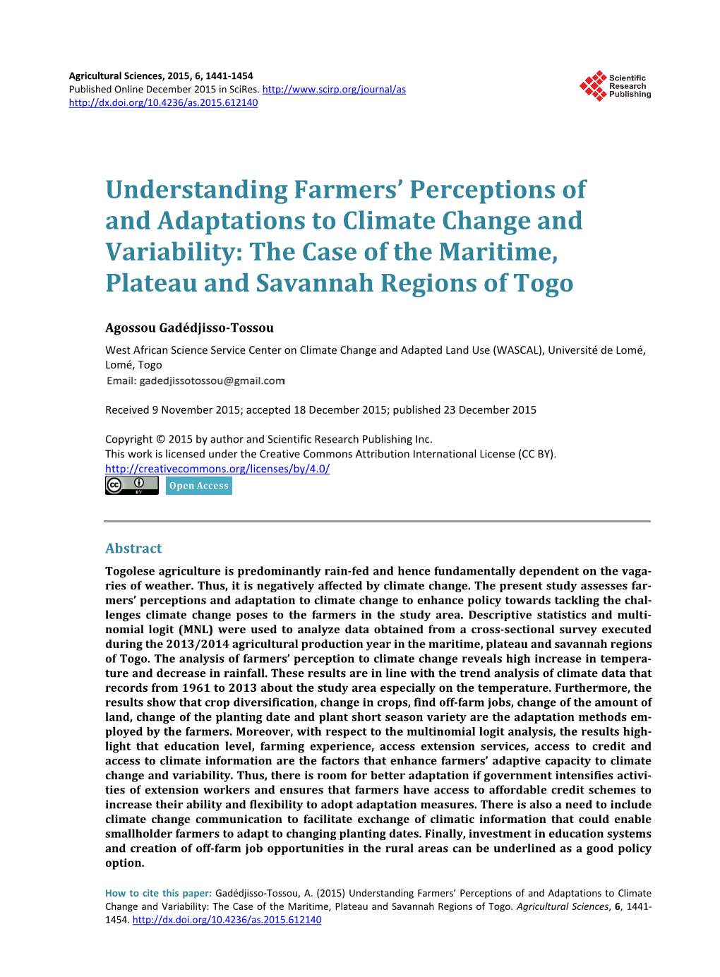 Understanding Farmers' Perceptions of and Adaptations to Climate Change and Variability