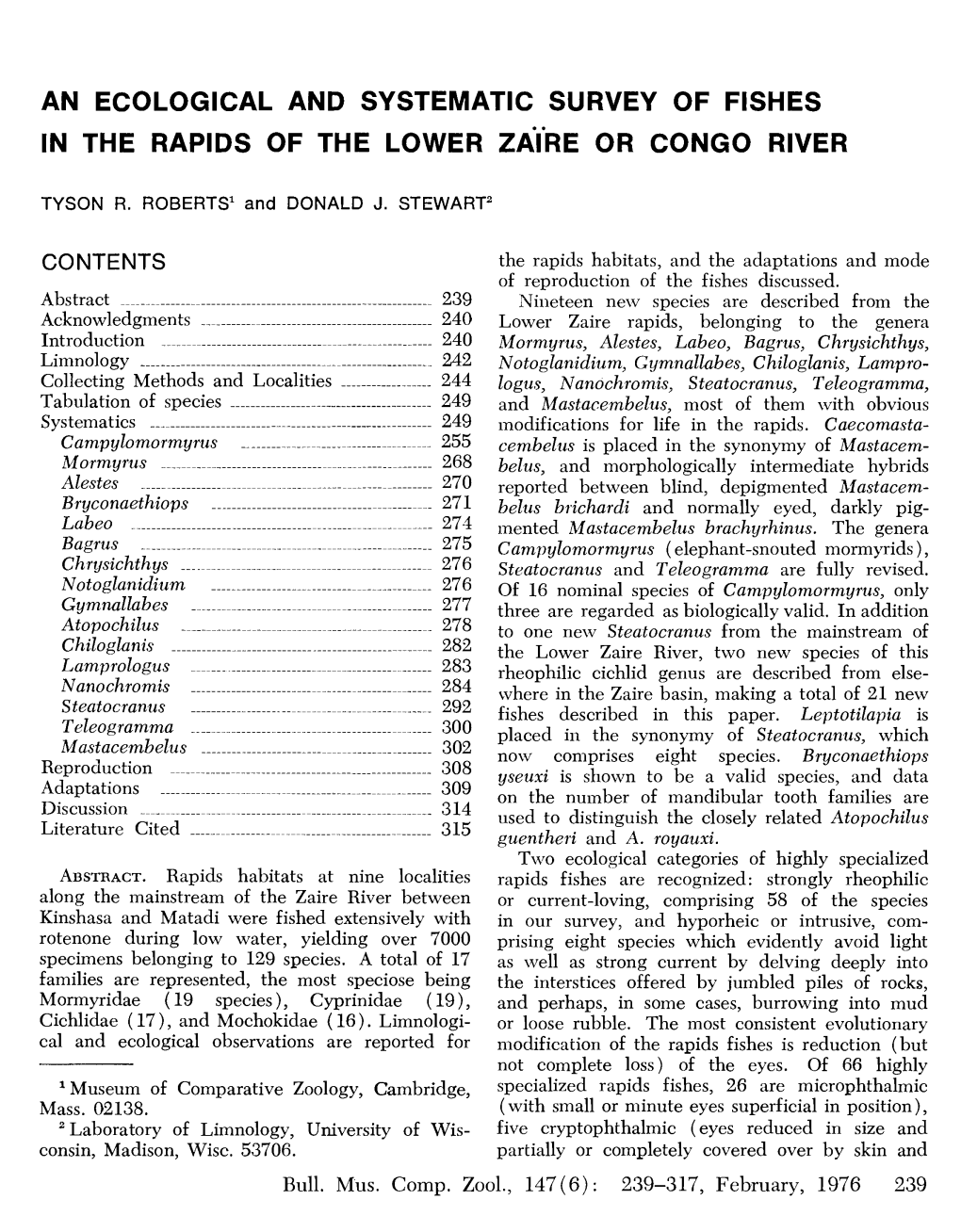 AN ECOLOGICAL and SYSTEMATIC SURVEY of FISHES in the RAPIDS of the LOWER ZA.Fre OR CONGO RIVER