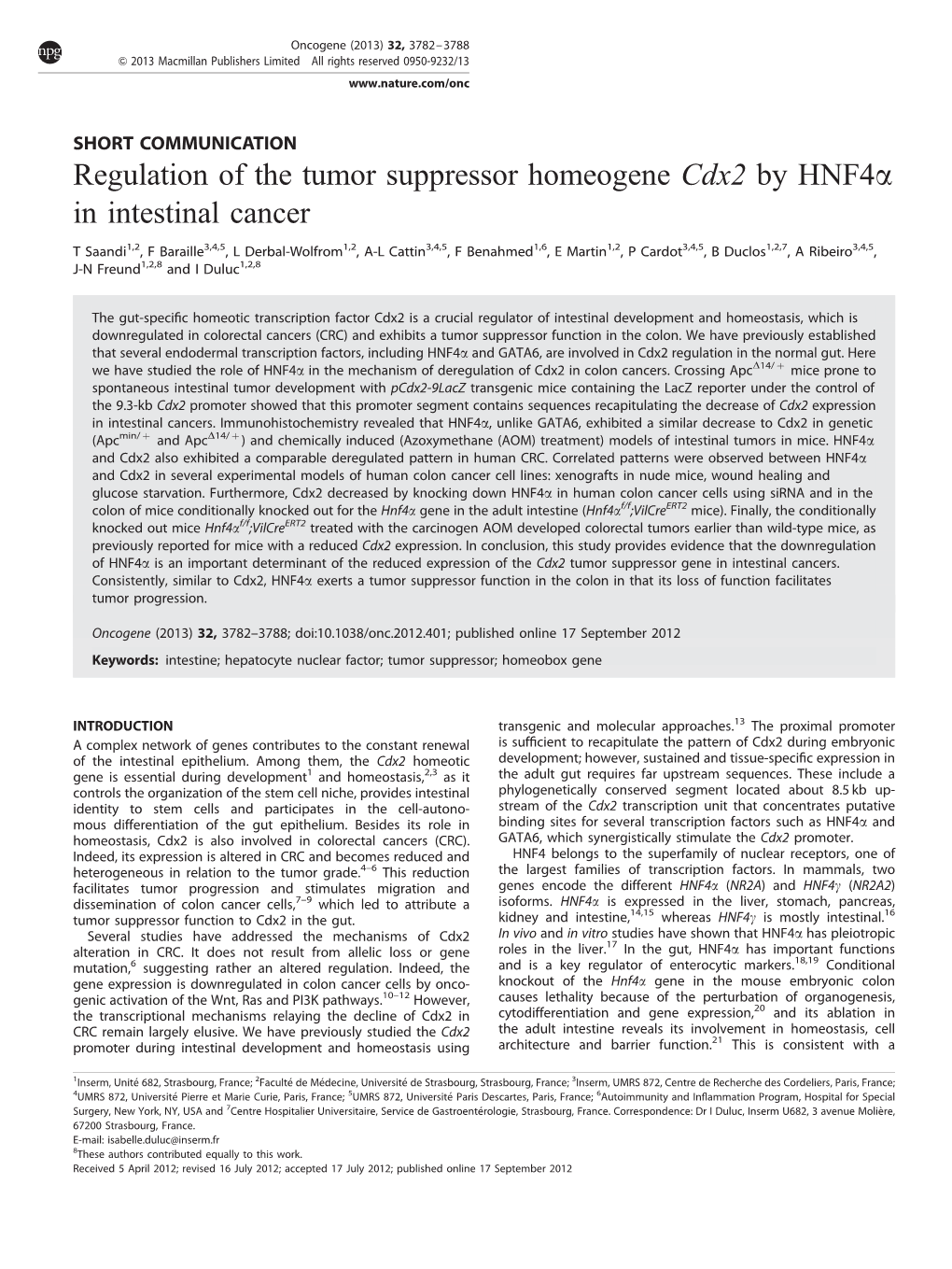 Regulation of the Tumor Suppressor Homeogene Cdx2 by Hnf4a in Intestinal Cancer