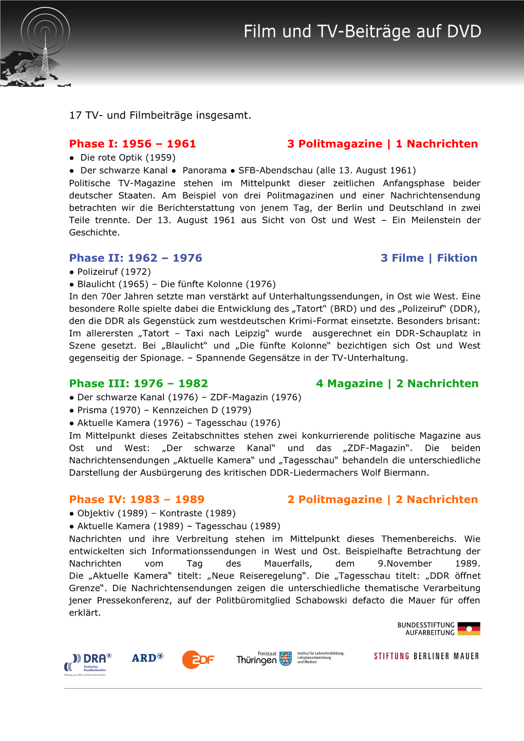 1961 3 Politmagazine | 1 Nachrichten ● Die Rote Optik (1959) ● Der Schwarze Kanal ● Panorama ● SFB-Abendschau (Alle 13