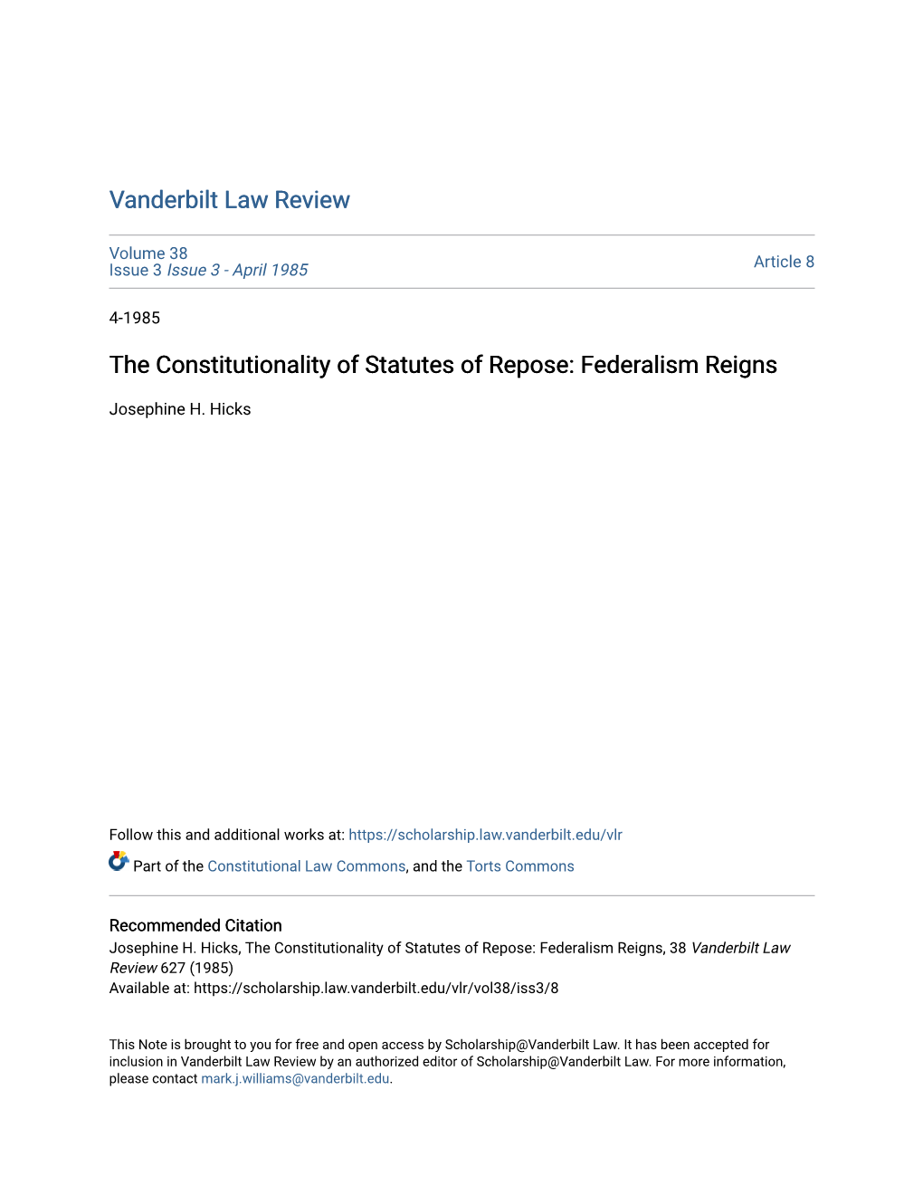 The Constitutionality of Statutes of Repose: Federalism Reigns