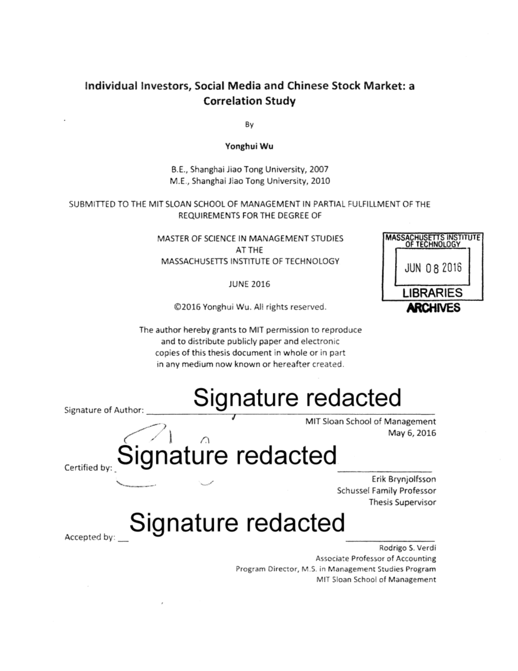 Signature Redacted I MIT Sino in School of Management May 6, 2016