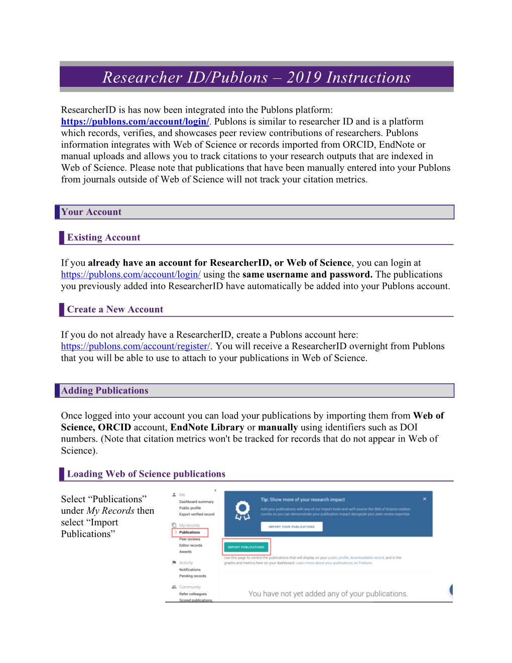 Researcher ID/Publons – 2019 Instructions