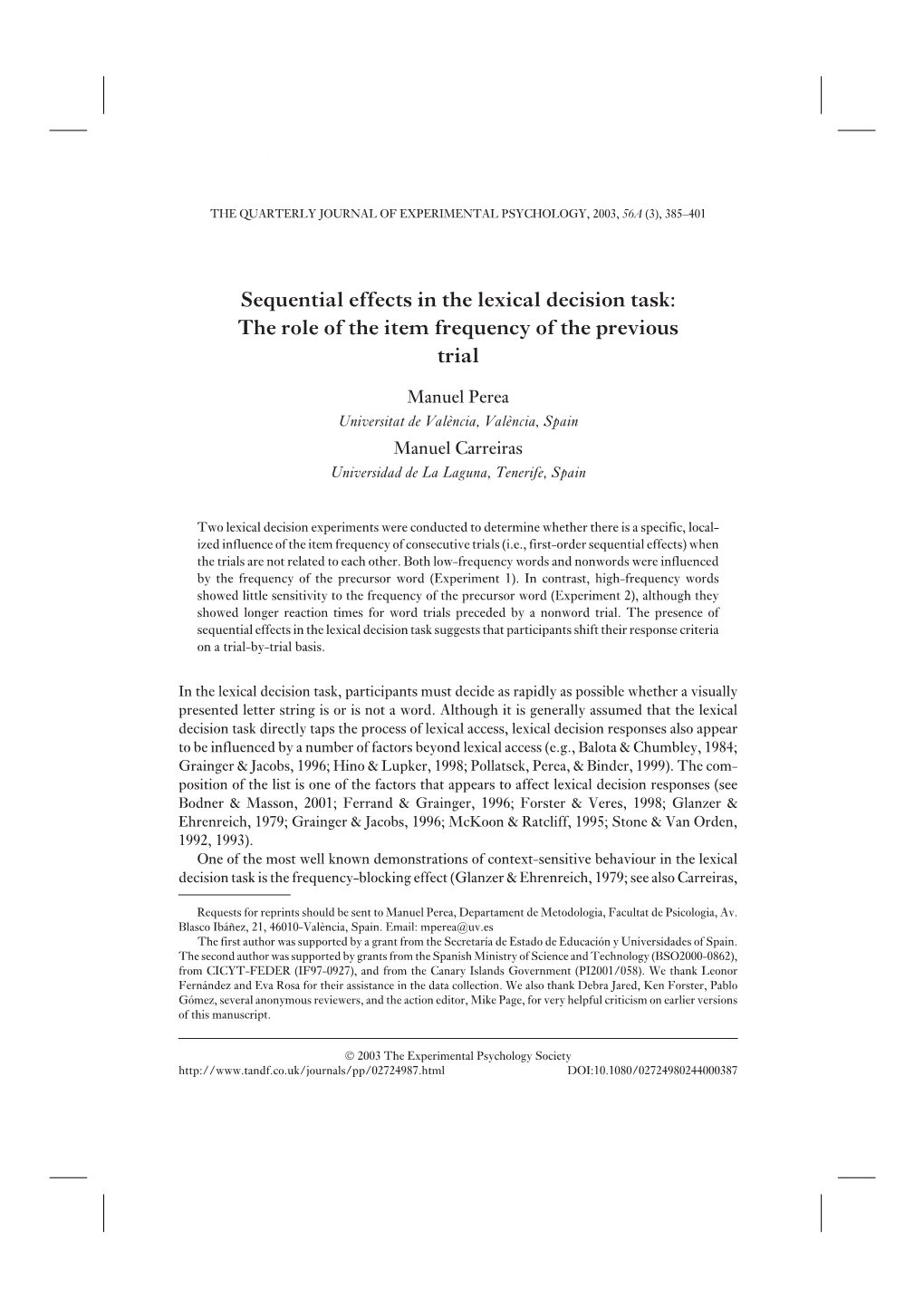 Sequential Effects in the Lexical Decision Task: the Role of the Item Frequency of the Previous Trial