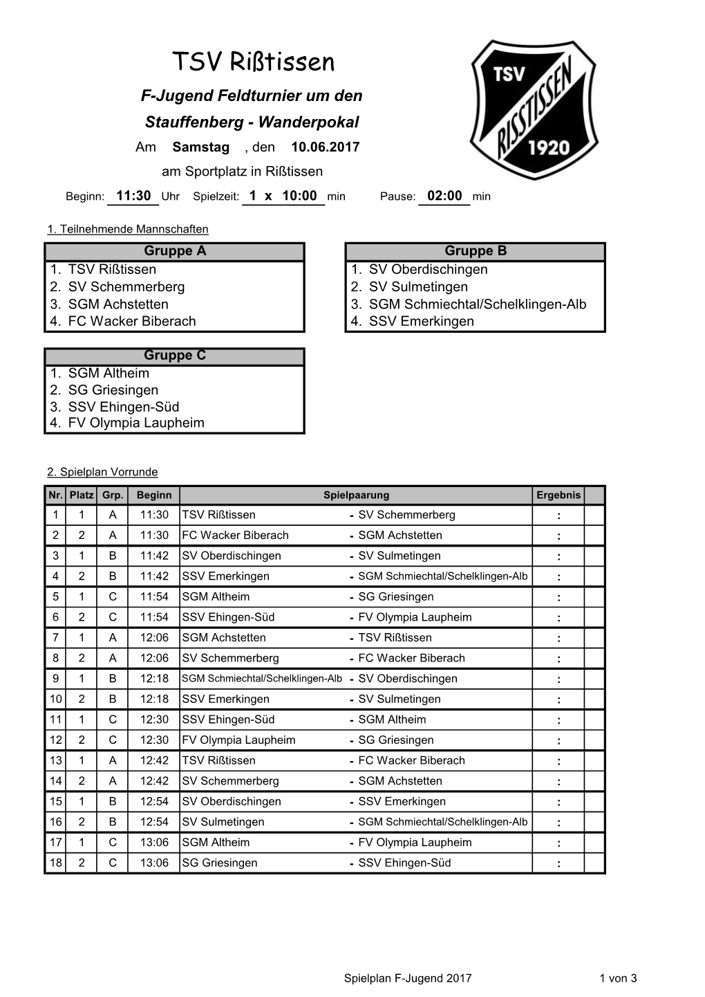 TSV Rißtissen F-Jugend Feldturnier Um Den Stauffenberg - Wanderpokal Am Samstag , Den 10.06.2017 Am Sportplatz in Rißtissen