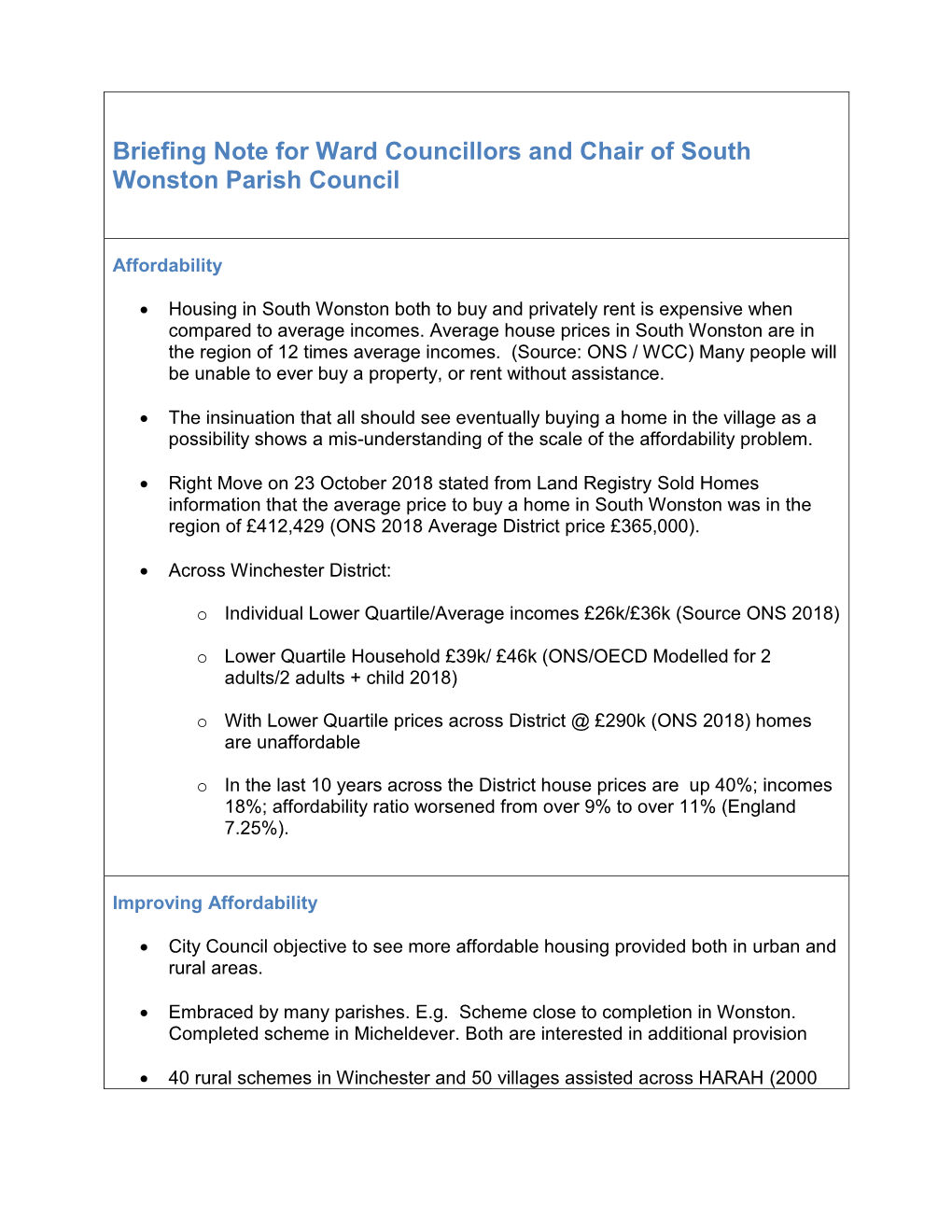 Briefing Note for Ward Councillors and Chair of South Wonston Parish Council