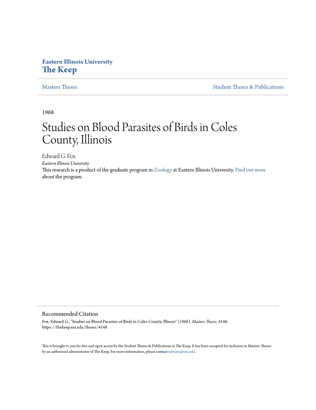 Studies on Blood Parasites of Birds in Coles County, Illinois Edward G