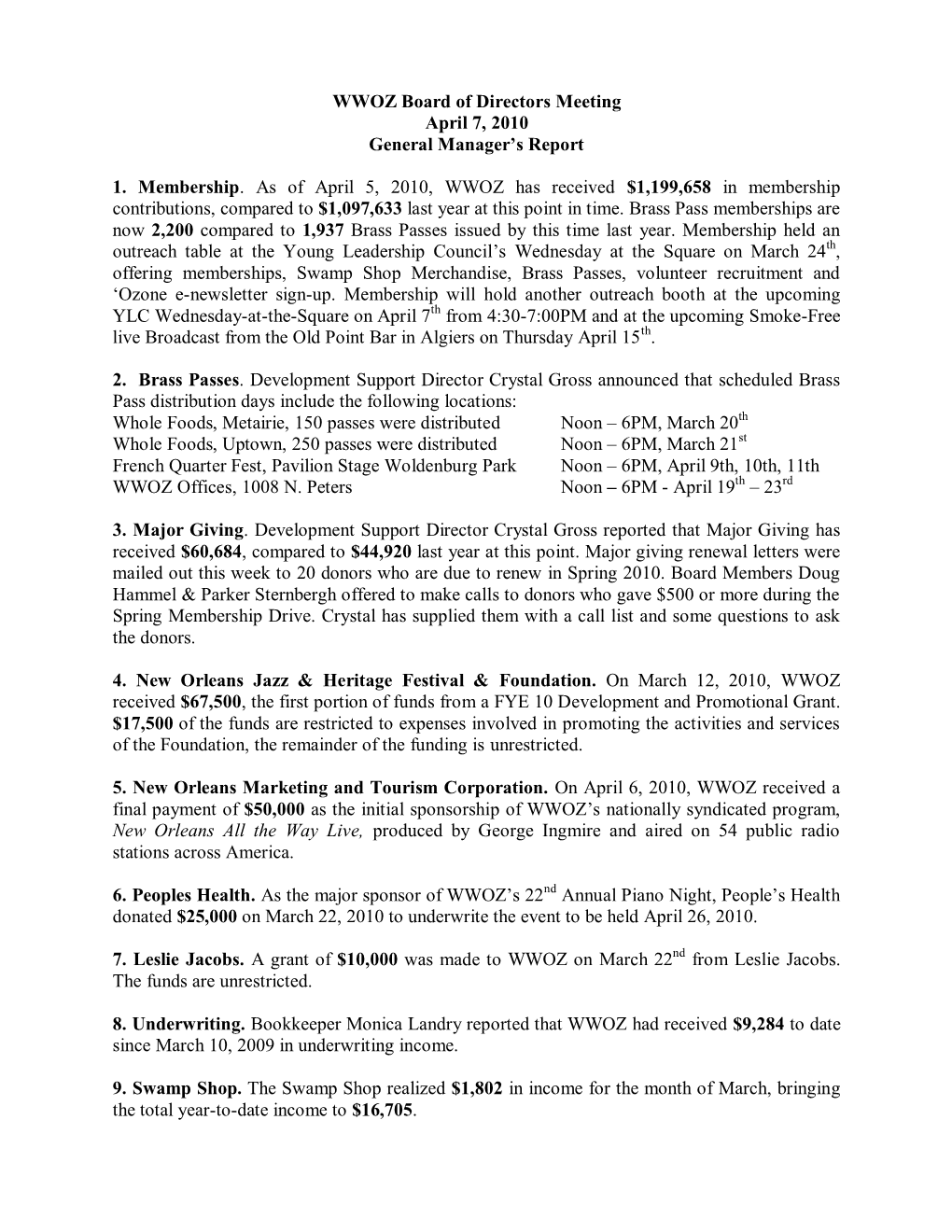 WWOZ Governance Board Meeting Wednesday, April 7, 2010 General Manager’S Report