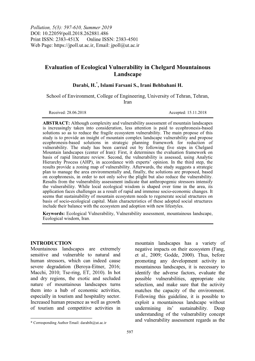 Evaluation of Ecological Vulnerability in Chelgard Mountainous Landscape