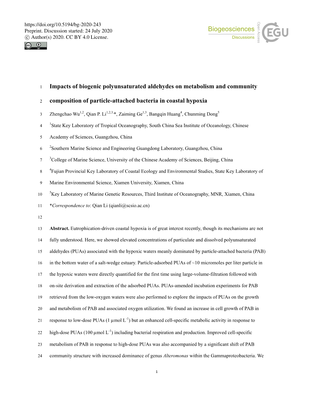 Impacts of Biogenic Polyunsaturated Aldehydes on Metabolism and Community