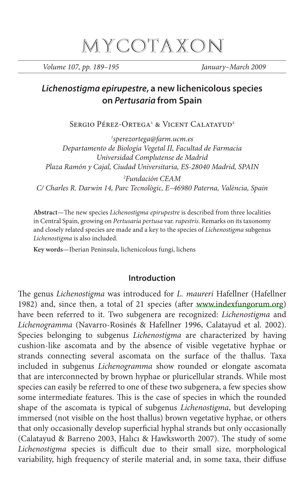 &lt;I&gt;Lichenostigma Epirupestre&lt;/I&gt; a New Lichenicolous Species On