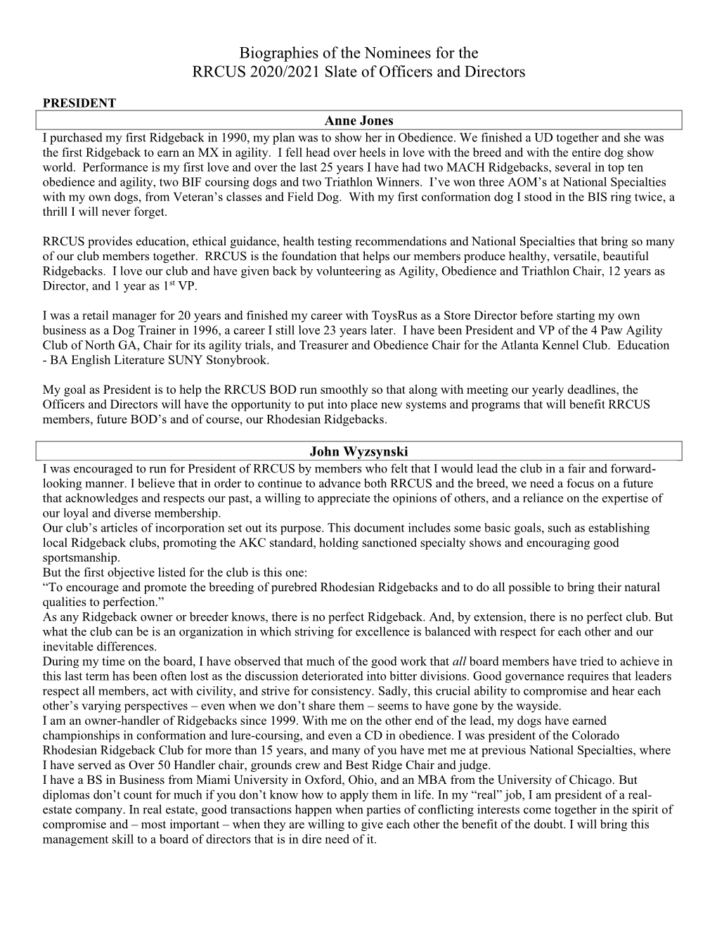 Biographies of the Nominees for the RRCUS 2020/2021 Slate of Officers and Directors