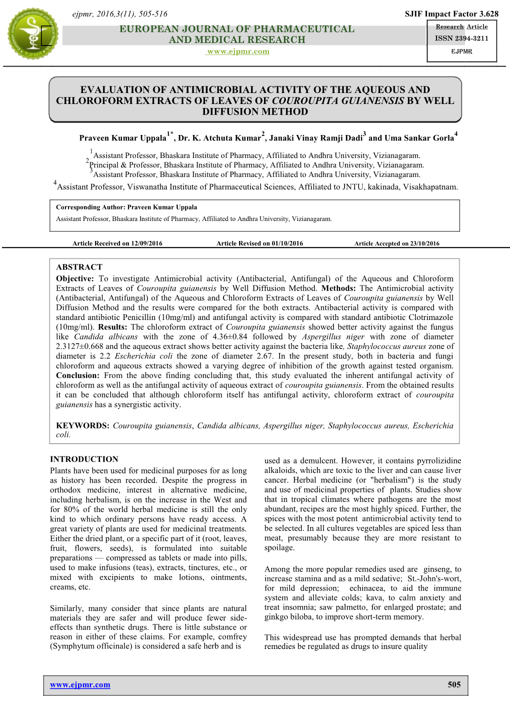 G. Uma Sankar Et Al., Evaluation of Antimicrobial Activity of the Aqueous