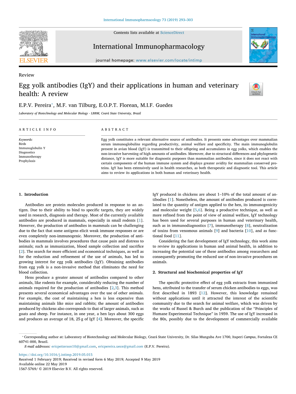 Egg Yolk Antibodies (Igy) and Their Applications in Human and Veterinary Health: a Review T ⁎ E.P.V