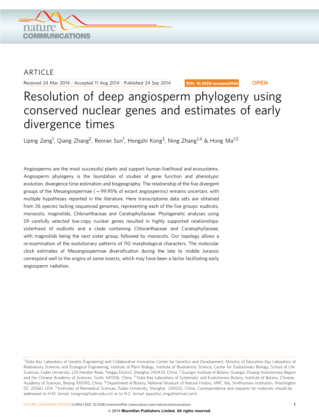 Resolution of Deep Angiosperm Phylogeny Using Conserved Nuclear Genes and Estimates of Early Divergence Times