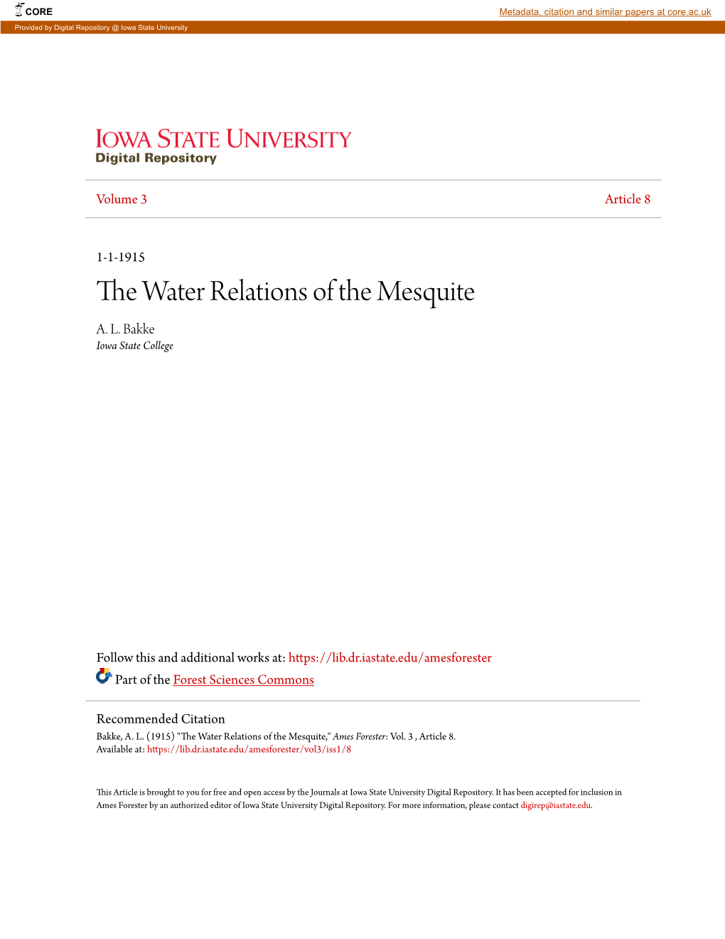 The Water Relations of the Mesquite