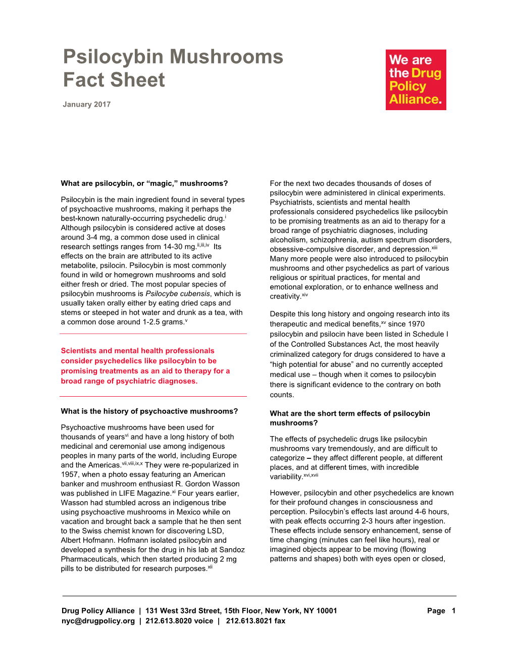 Psilocybin Mushrooms Fact Sheet