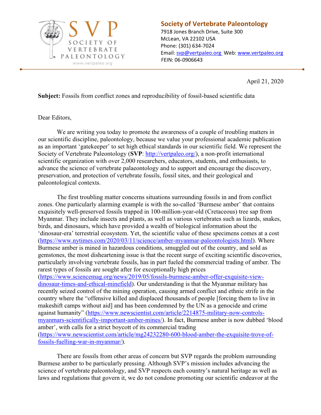 SVP's Letter to Editors of Journals and Publishers on Burmese Amber And