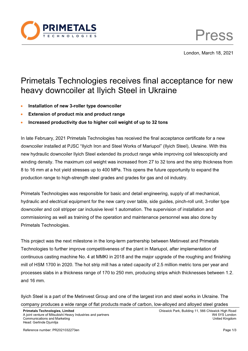 Primetals Technologies Receives Final Acceptance for New Heavy Downcoiler at Ilyich Steel in Ukraine