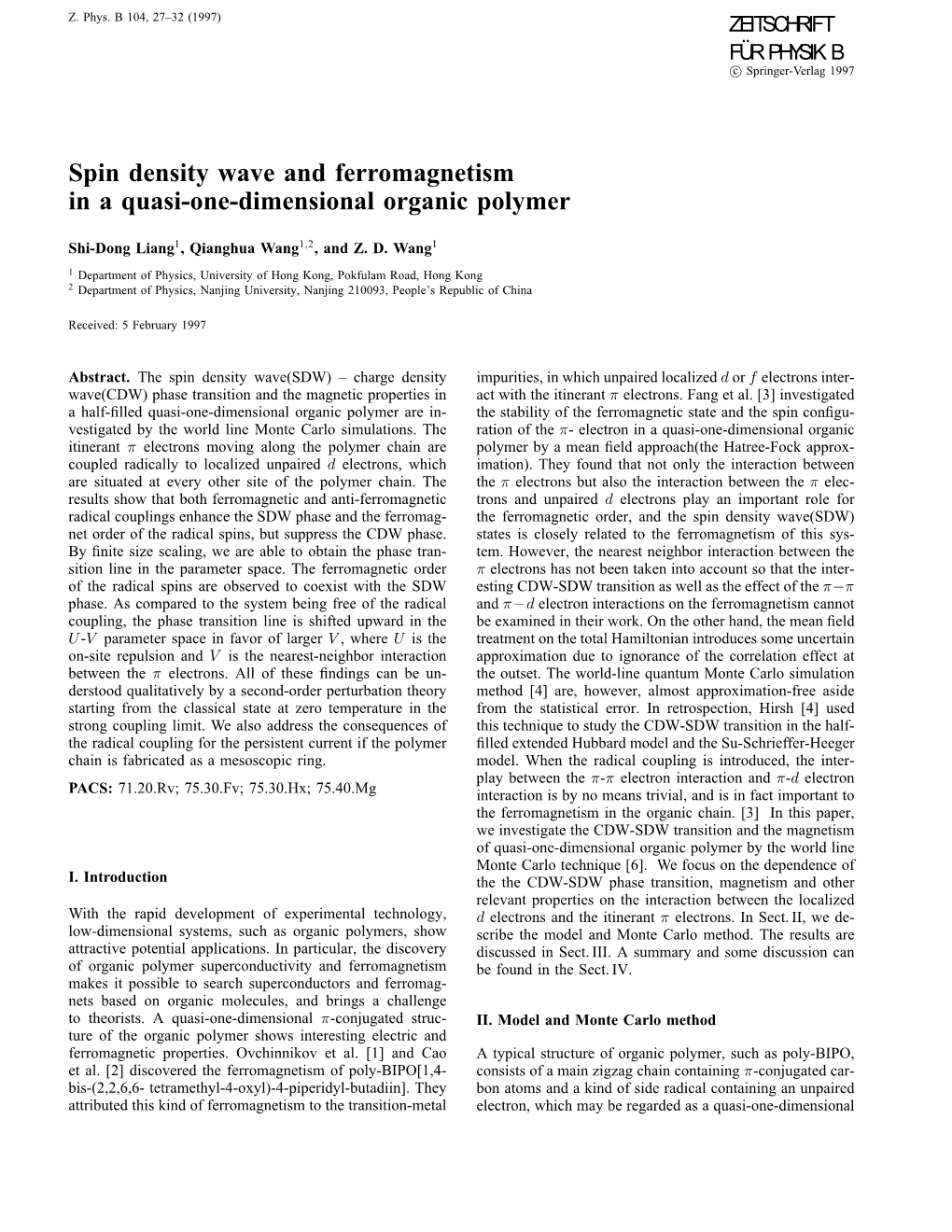 Spin Density Wave and Ferromagnetism in a Quasi-One-Dimensional Organic Polymer