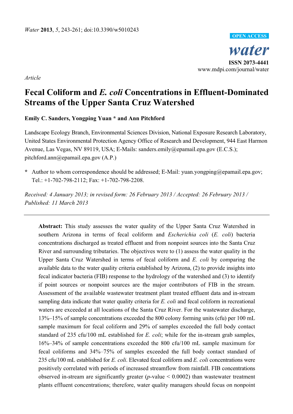 Fecal Coliform and E. Coli Concentrations in Effluent-Dominated Streams of the Upper Santa Cruz Watershed