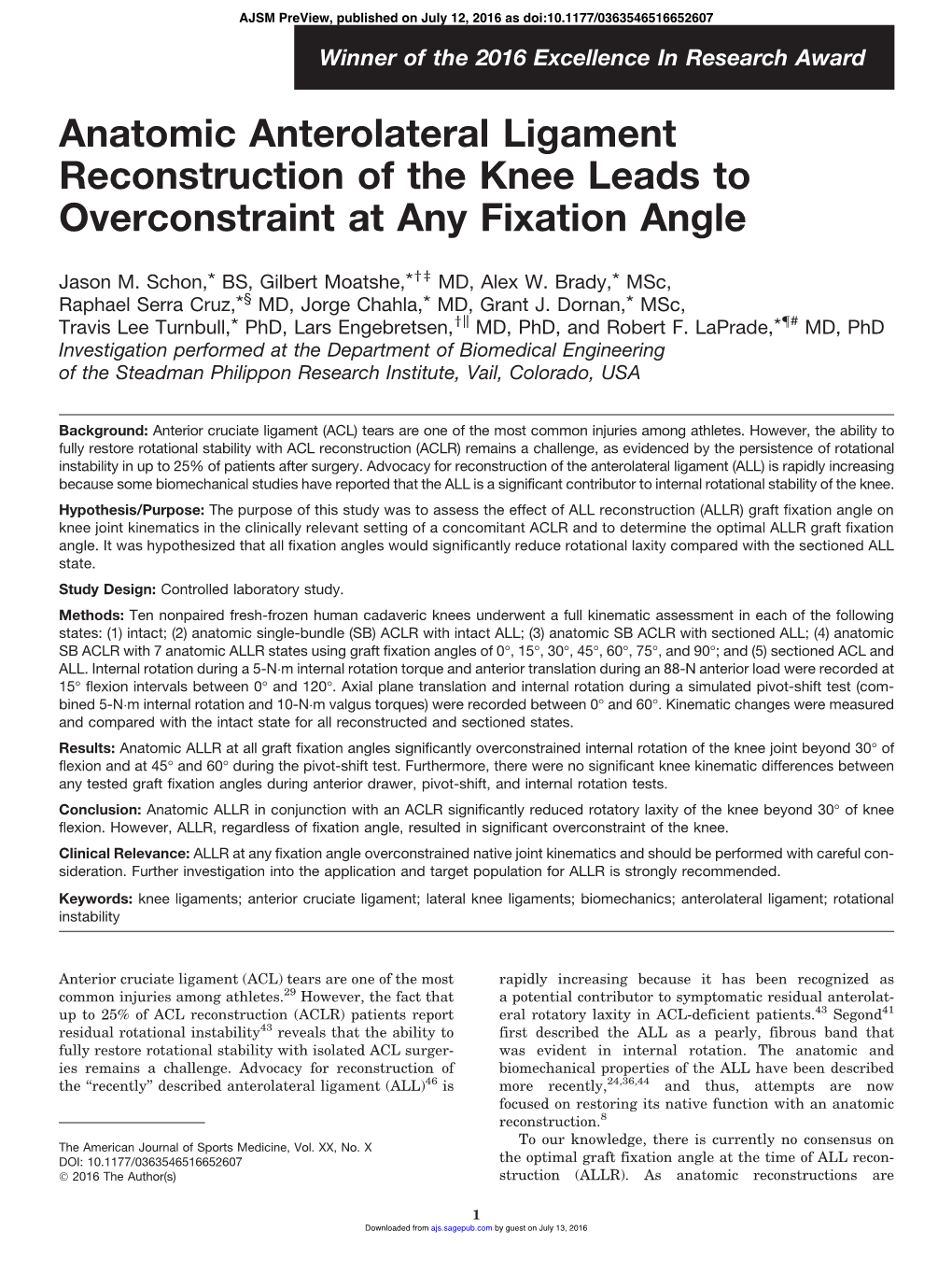 Anatomic Anterolateral Ligament Reconstruction of the Knee Leads to Overconstraint at Any Fixation Angle