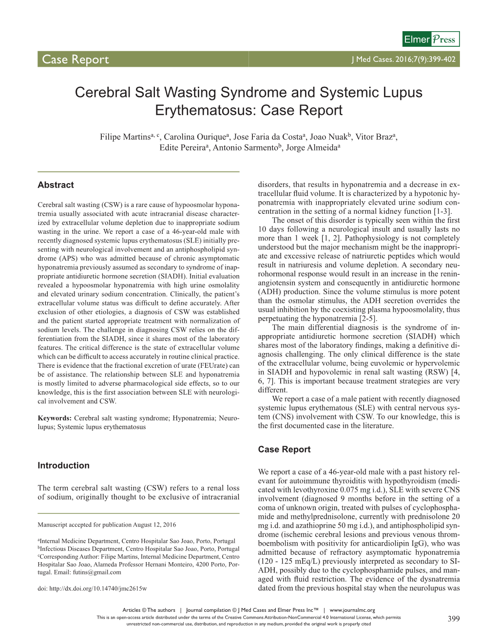 Cerebral Salt Wasting Syndrome and Systemic Lupus Erythematosus: Case Report