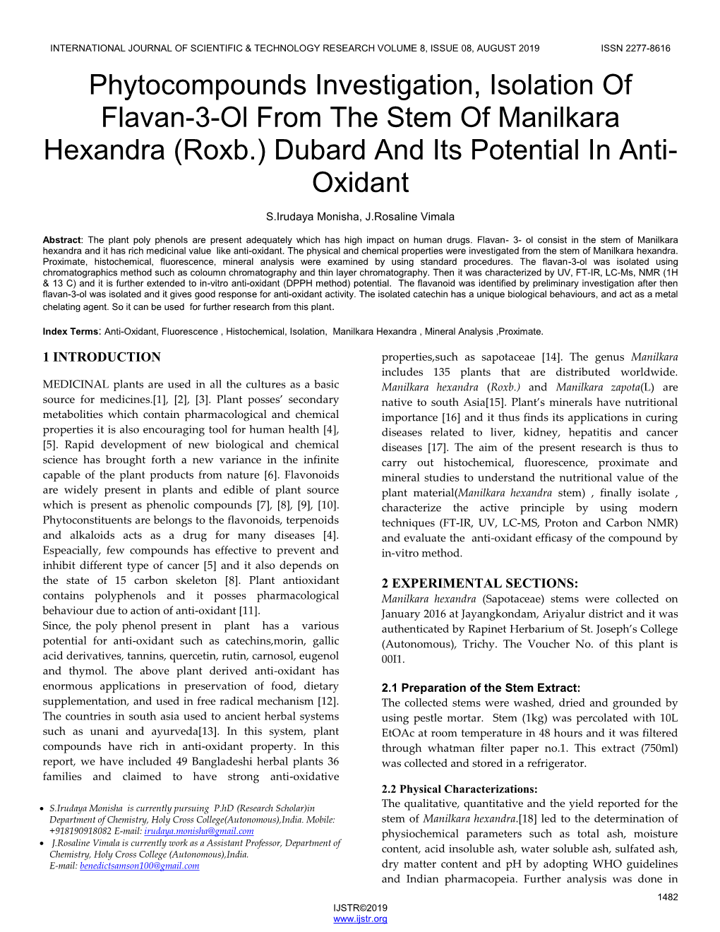 Phytocompounds Investigation, Isolation of Flavan-3-Ol from the Stem of Manilkara Hexandra (Roxb.) Dubard and Its Potential in Anti- Oxidant