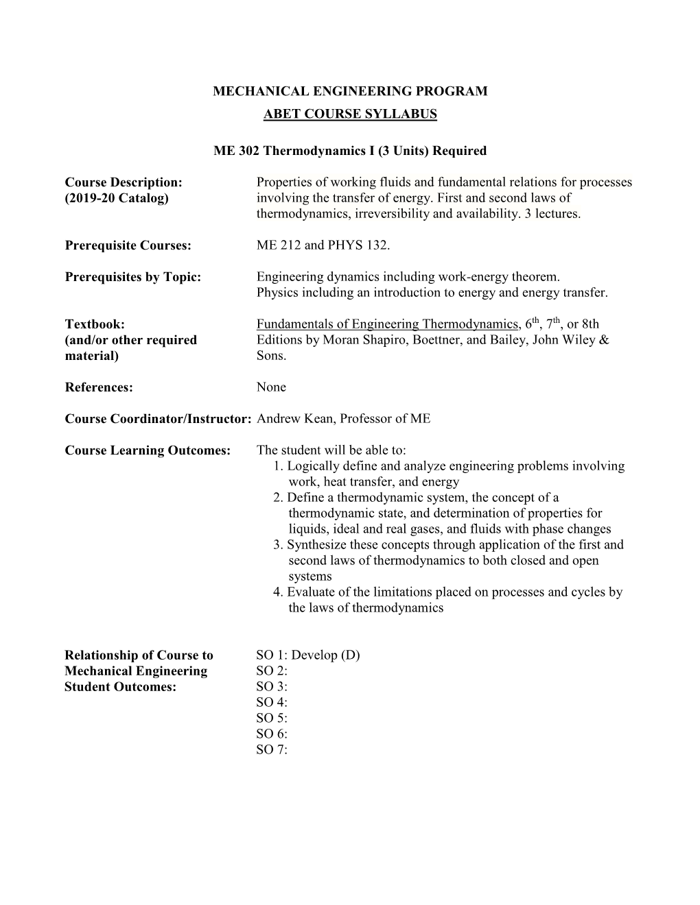 Mechanical Engineering Program Abet Course Syllabus