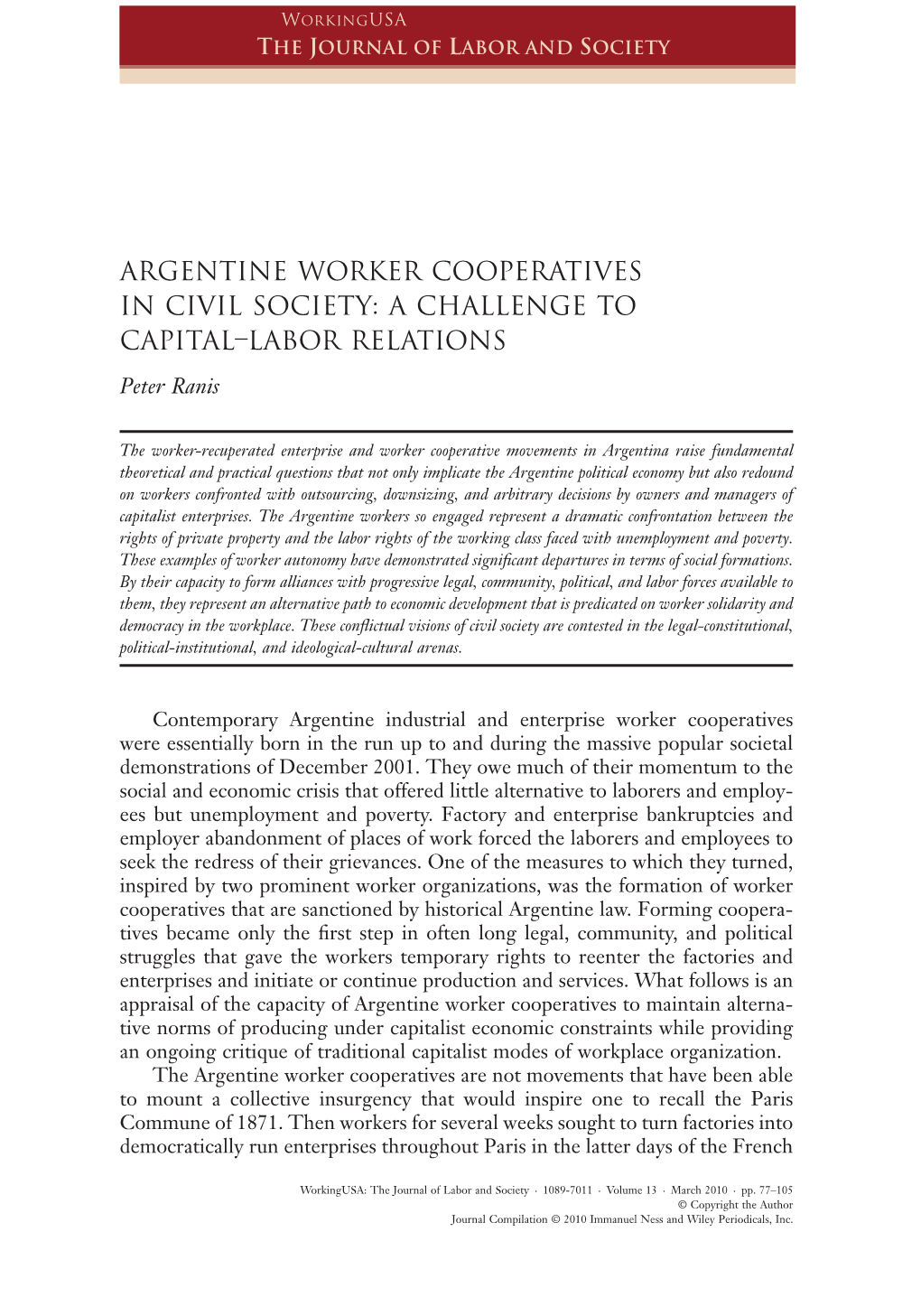 ARGENTINE WORKER COOPERATIVES in CIVIL SOCIETY: a CHALLENGE to CAPITAL–LABOR RELATIONS Wusa 273 77..106