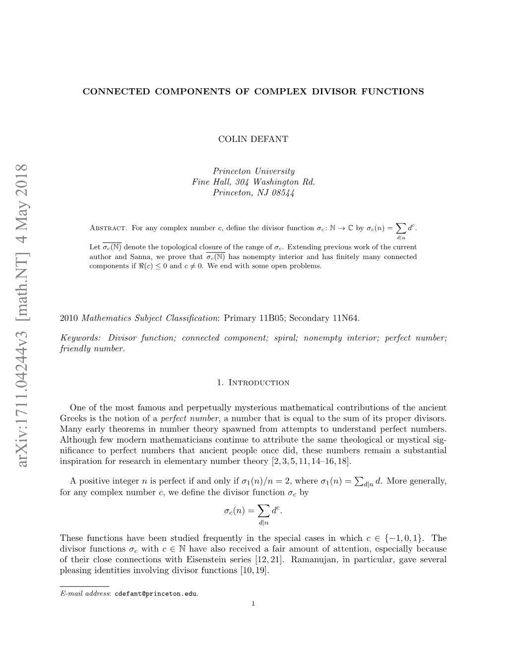 Connected Components of Complex Divisor Functions