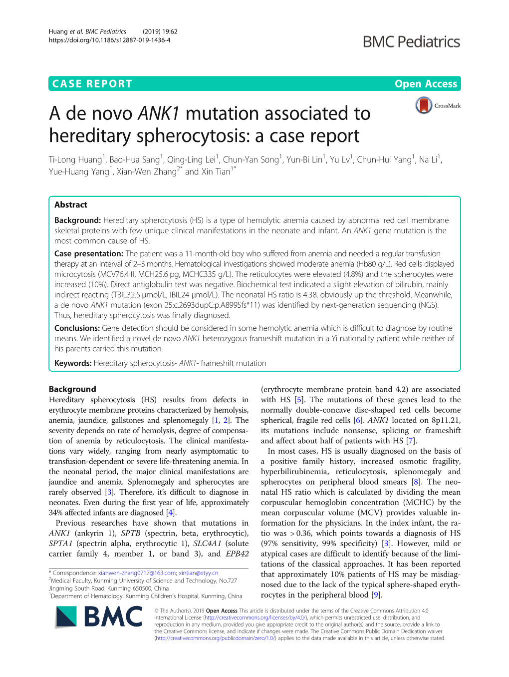 A De Novo ANK1 Mutation Associated to Hereditary Spherocytosis: a Case Report