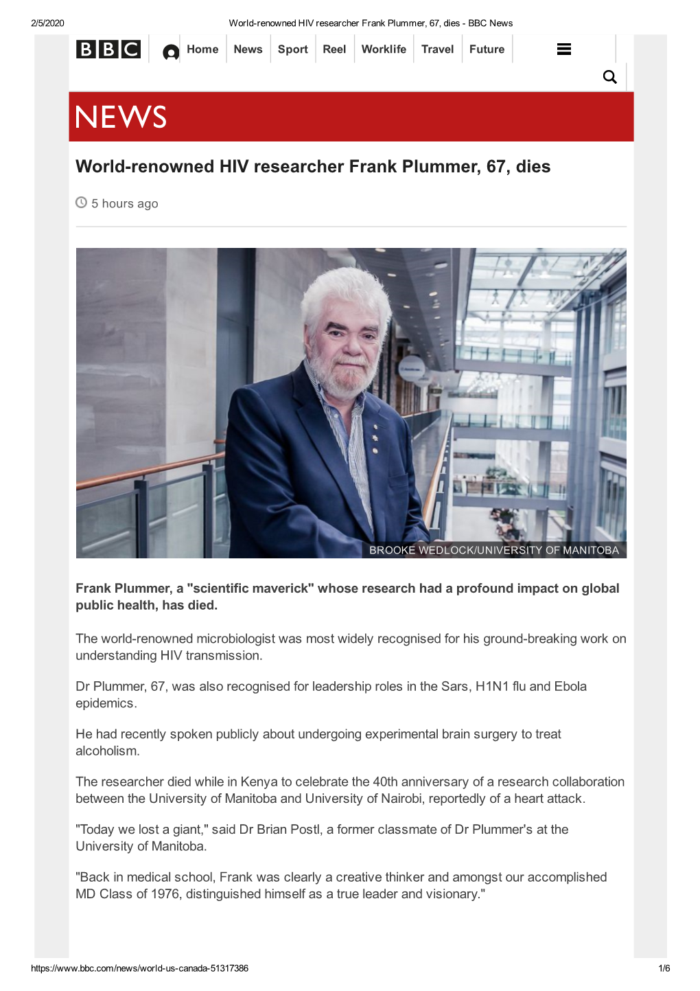 Worldrenowned HIV Researcher Frank Plummer, 67, Dies