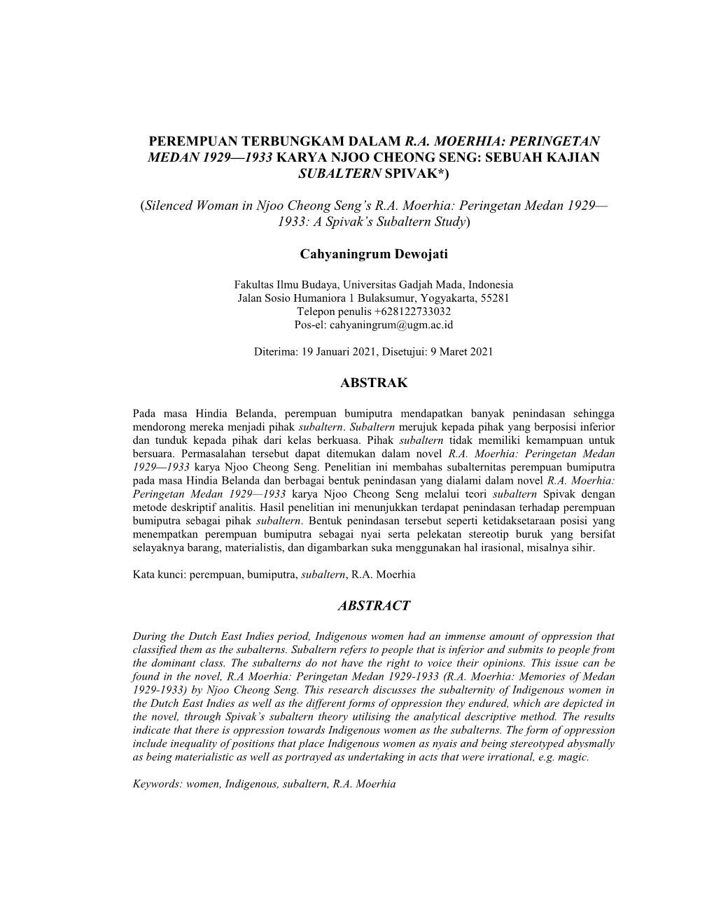 Perempuan Terbungkam Dalam R.A. Moerhia: Peringetan Medan 1929—1933 Karya Njoo Cheong Seng: Sebuah Kajian Subaltern Spivak*)