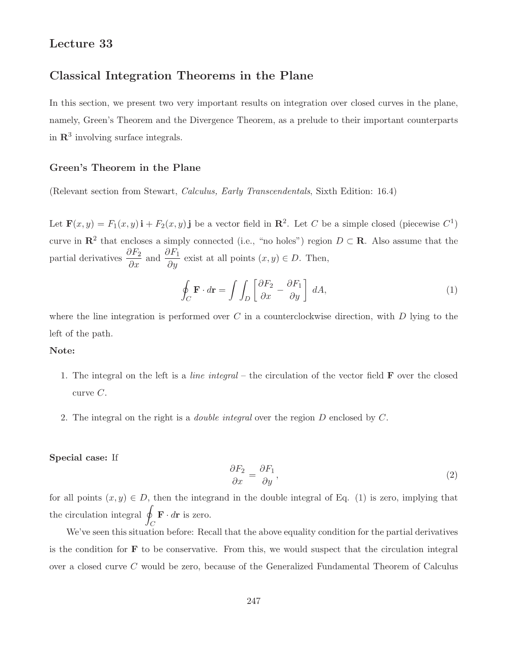Lecture 33 Classical Integration Theorems in the Plane