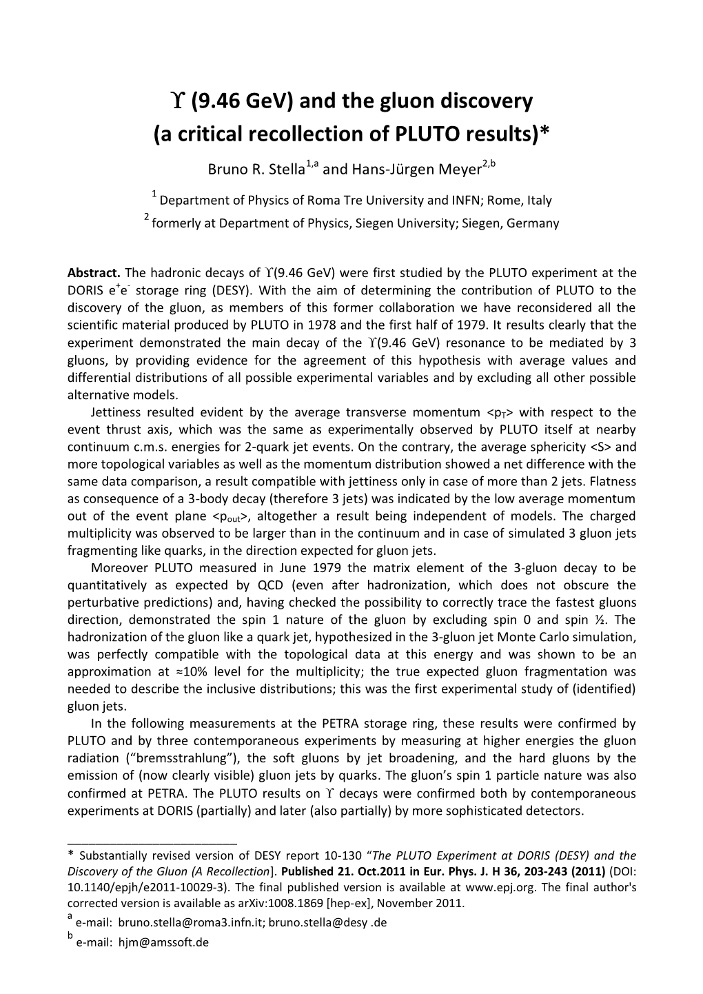 The PLUTO Experiment at DORIS (DESY) and the Discovery of the Gluon (A Recollection]