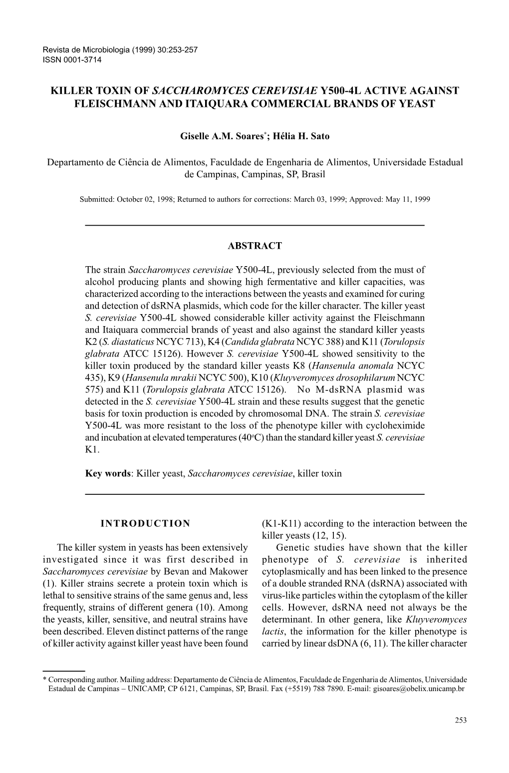 Killer Toxin of Saccharomyces Cerevisiae Y500-4L Active Against Fleischmann and Itaiquara Commercial Brands of Yeast