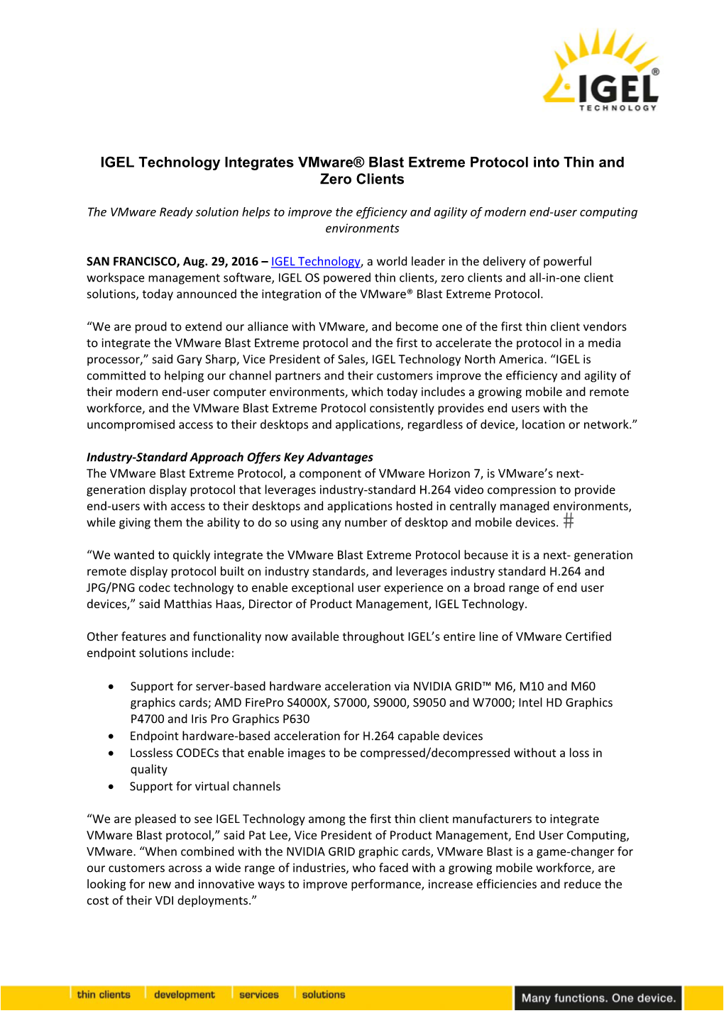 IGEL Technology Integrates Vmware® Blast Extreme Protocol Into Thin and Zero Clients