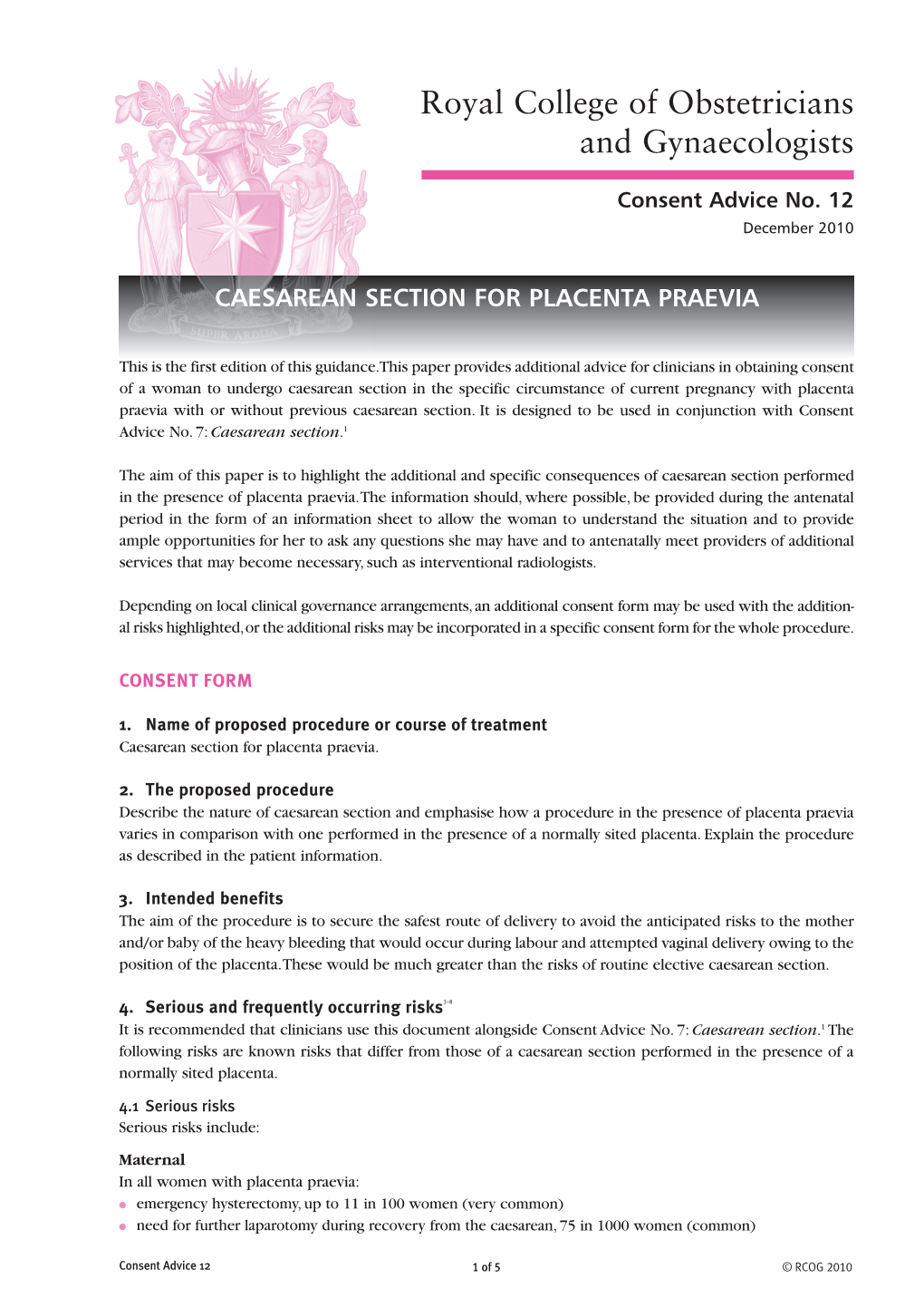 Caesarean Section for Placenta Praevia (Consent Advice No