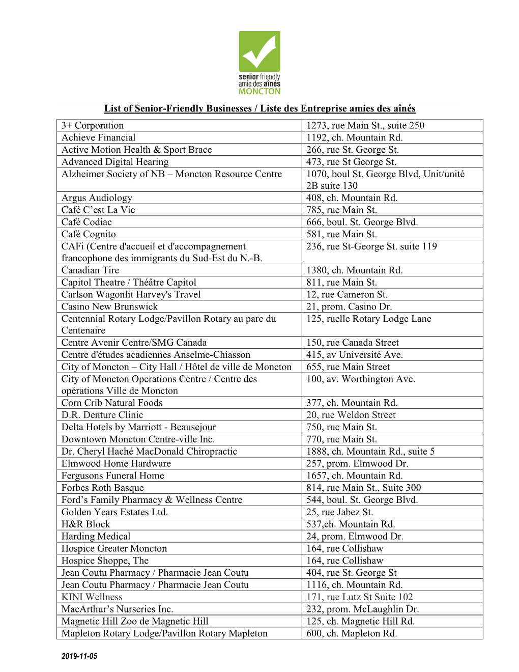 List of Senior-Friendly Businesses / Liste Des Entreprise Amies Des Aînés 3+ Corporation 1273, Rue Main St., Suite 250 Achieve Financial 1192, Ch