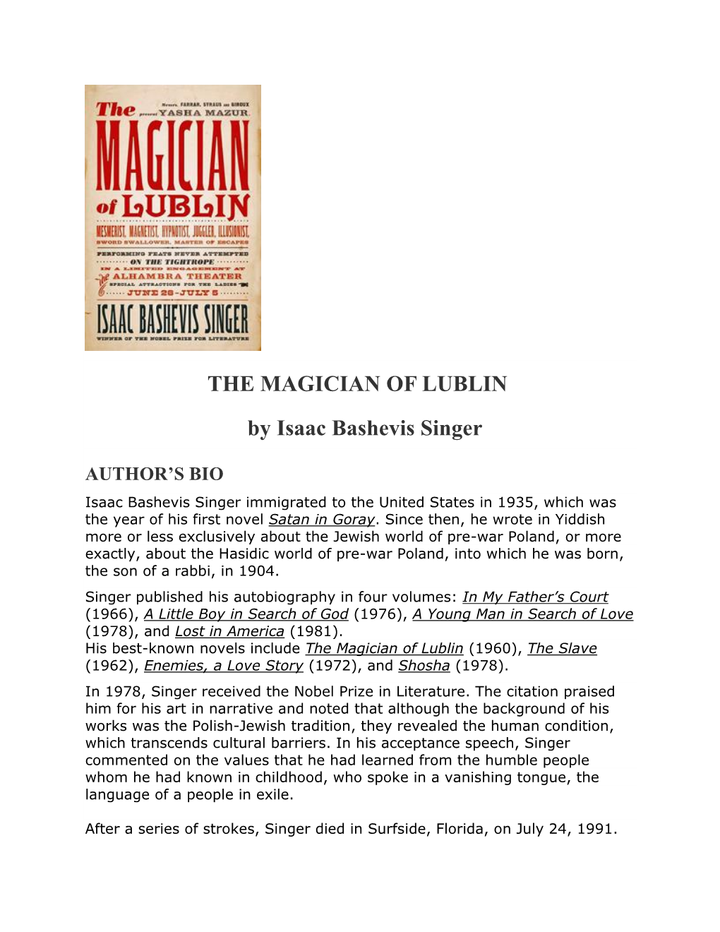 THE MAGICIAN of LUBLIN by Isaac Bashevis Singer