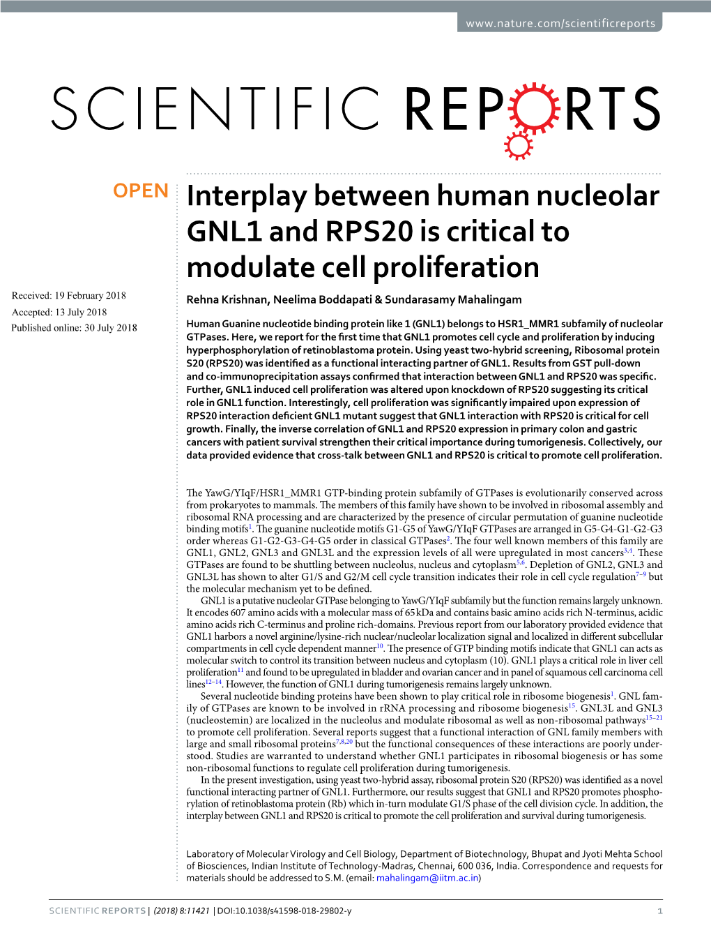 Interplay Between Human Nucleolar GNL1 and RPS20 Is Critical To