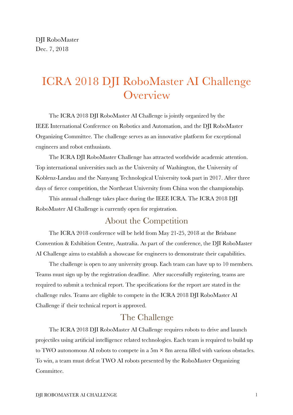 ICRA 2018 DJI Robomaster AI Challenge Overview