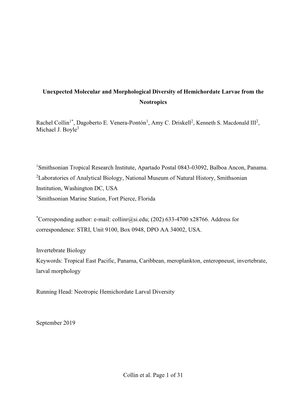 Collin Et Al. Page 1 of 31 Unexpected Molecular and Morphological