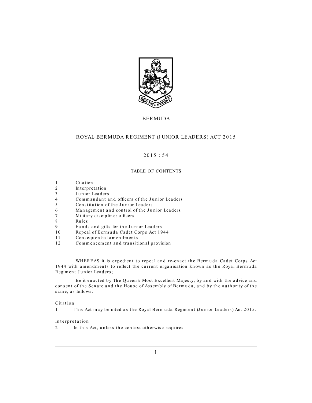 Royal Bermuda Regiment (Junior Leaders) Act 2015