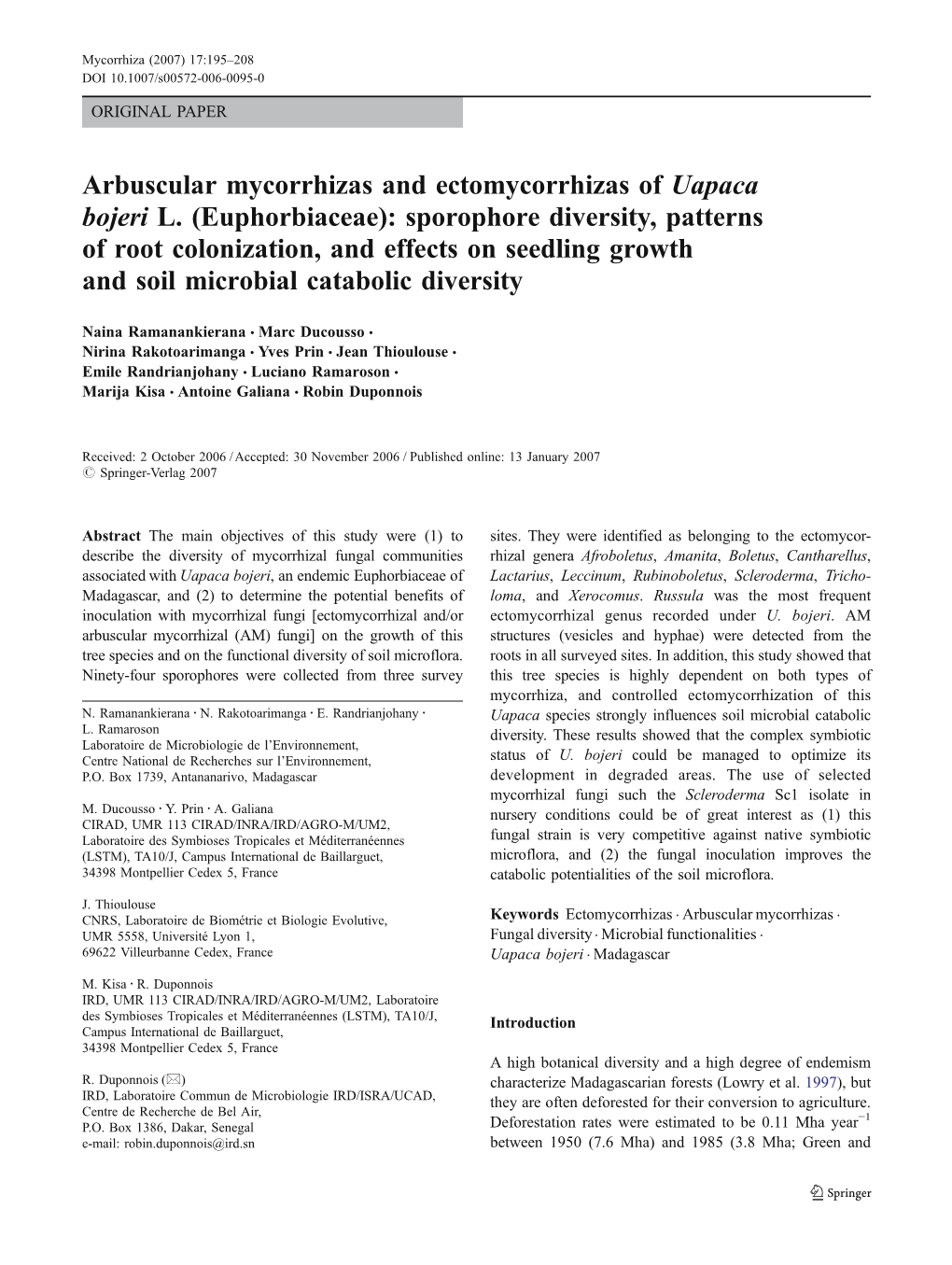 Arbuscular Mycorrhizas and Ectomycorrhizas of Uapaca Bojeri L