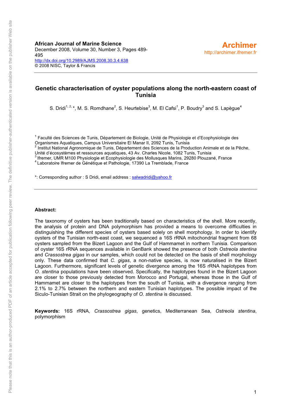 Genetic Characterisation of Oyster Populations Along the North-Eastern