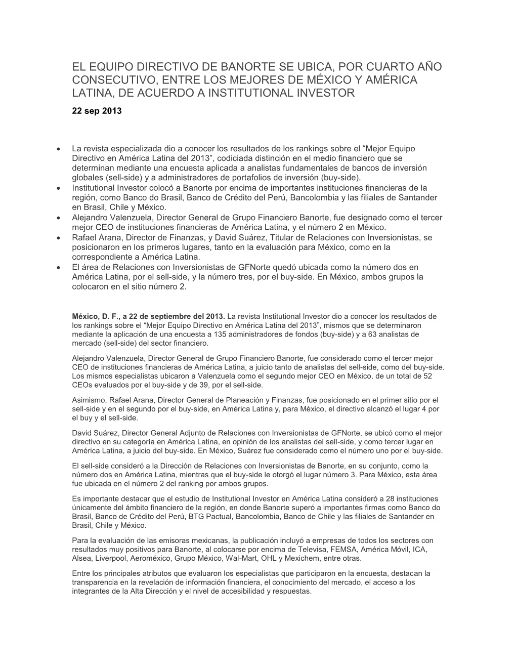 EL EQUIPO DIRECTIVO DE BANORTE SE UBICA, POR CUARTO AÑO CONSECUTIVO, ENTRE LOS MEJORES DE MÉXICO Y AMÉRICA LATINA, DE ACUERDO a INSTITUTIONAL INVESTOR 22 Sep 2013