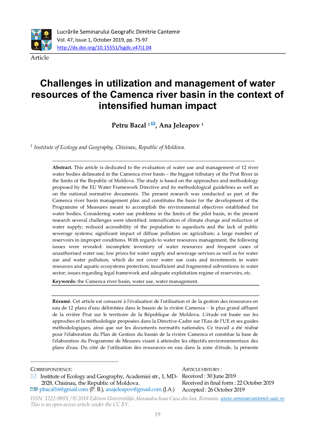 Challenges in Utilization and Management of Water Resources of the Camenca River Basin in the Context of Intensified Human Impact